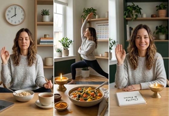 A cancer survivor practicing mindfulness, gentle movement, and mindful nutrition as part of stabilizing, rebuilding, and restoring her health